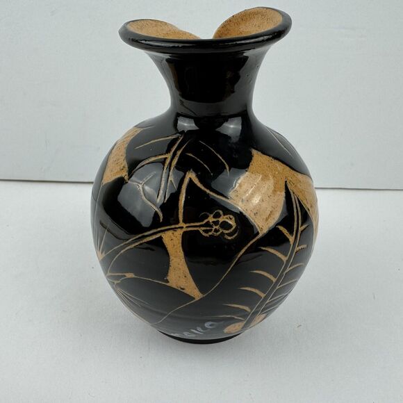 Jamaica Frazer Ceramics Small Round Vase Signed Black Leaf Tulip Style Mouth - Picture 4 of 8